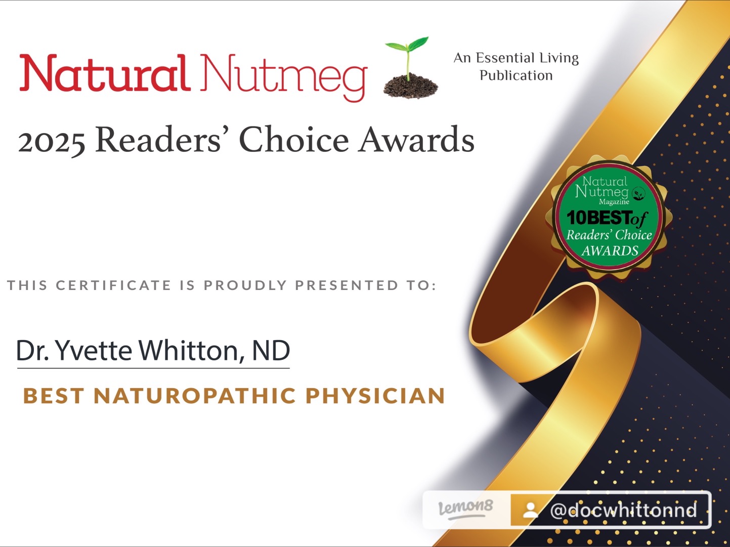 2025 Readers' Choice Award presented to Dr. Yvette Whitton